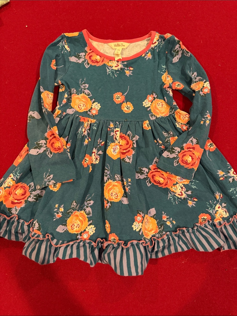 Matilda Jane Teal Floral Long Sleeve Dress with Orange Roses